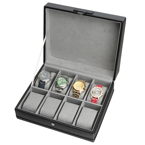 Watch Box, 8-Slot Leather Watch Case Organizer for Men (Black) | Watch Holder Organizer, Watches Display Case, Removable Pillows, Watch Storage with Grey Lining & Black Synthetic Leather - color: Black, size: 8 Slot