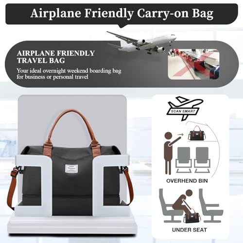 Weekender Bags for Women, Personal Item Travel Bag with Shoes Compartment | Overnight Travel Duffel Bag with Toiletry Bag, Airplane Friendly Carry-On Bag - color: Black & Brown, size: Large