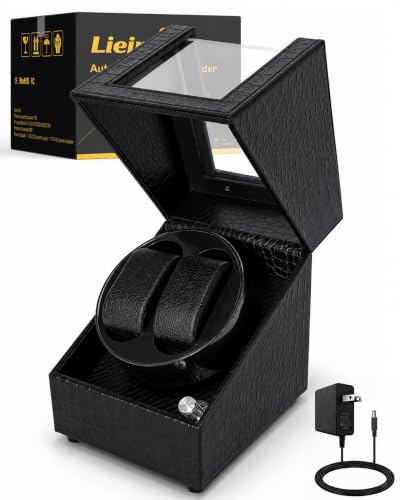 Automatic Watch Winder for Rolex and Auto Watches, Croc-grain Leather Double Winding Watch Box with Japanese Blue LED & Quiet Motor, 2 Slots Rotating Watch Case Used for Storage, Display & Gift - color: Black Croc-grain