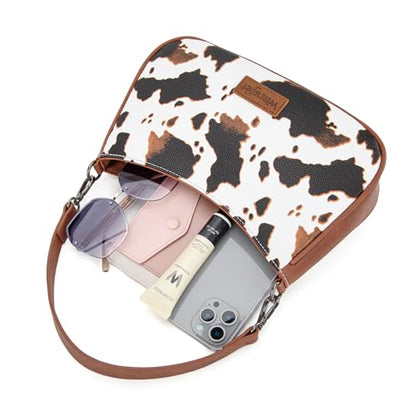 Wrangler Shoulder Bag for Women Western Small Purse Hobo Handbag | Aztec, Underarm Bag, 2 Detachable Straps, Secure Zipper Closure, Back Pocket, Crossbody Bag for dates, travel and everyday - color: Cow Print-brown