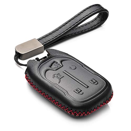 Genuine Leather Smart Key Fob Case with Leather Strap Compatible for GMC Acadia, GMC Terrain (2017 - 2023 Models ) - 5-Button, Black/Red - color: Black/Red