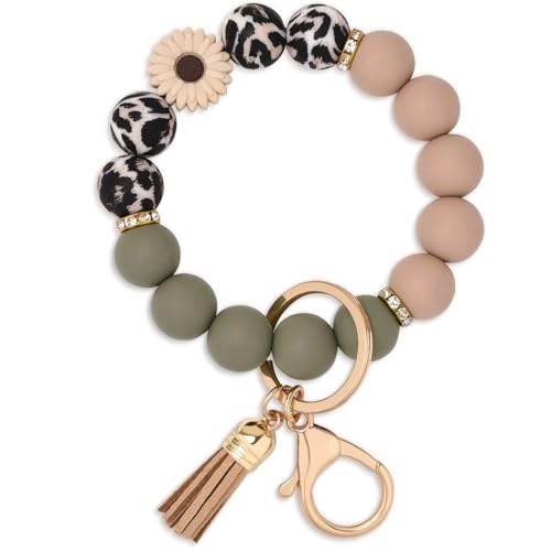 BAOSIWA Silicone Beaded Keychain Wristlet Key Ring Bracelet Cute Car Key Chain Holder for Women Girls - color: Daisy Leopard
