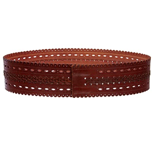 Beltiscool 2 7/8" (72mm) Wide High Waist Perforated Braided Leather Belt - color: Tan, size: L 37"- 40"