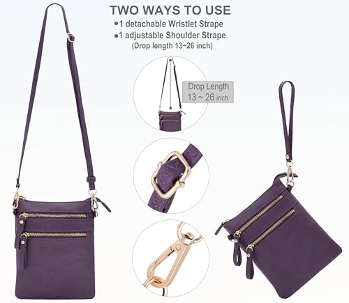 Small Crossbody Bag for Women, Multi Zip Pockets with Detachable Wristlet, Lightweight Travel Purse, Cell Phone Pouch - color: Purple