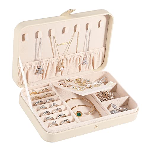 LANDICI Small Jewelry Box for Women Girls, PU Leather Travel Jewelry Case, Portable Jewelry Organizer Storage Holder Display for Ring Earrings Necklace Bracelet Brooch Men Kids Gift, Apricot - color: Apricot