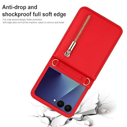 for Samsung Galaxy Z Flip 7 Luxury Zipper Wallet Phone Case, Multi-Function Kickstand Card Holder Adjustable Crossbody Strap, Fashion Flip Case.(Red) - color: Red, size: Samsung Galaxy Z Flip 7