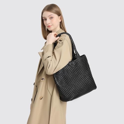 Woven Tote Bag for women,Vegan Leather Woven Satchel Handbag,Shoulder bag with Pouch,Hobo bag fits13-14” laptops - color: Black