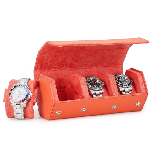 Hiram Saffiano Leather Hexagon Watch Roll Travel Case, Leather 3-Watches Roll Case with Removable Pillow Cushion for Treasured Watches and Bracelets -Orange - color: Orange, size: 3-slots
