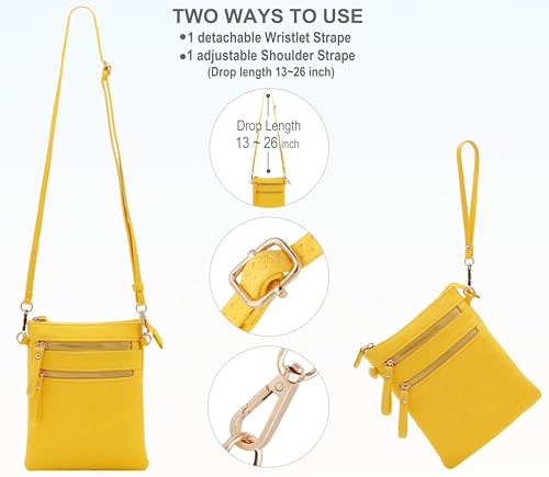 Small Crossbody Bag for Women, Multi Zip Pockets with Detachable Wristlet, Lightweight Travel Purse, Cell Phone Pouch - color: Yellow