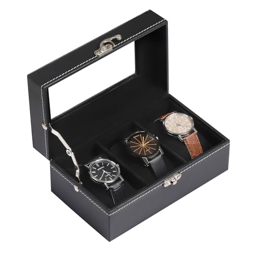 AUTOARK Leather & Velvet 3 Watch Box Glass Top Jewelry Display Lockable Case Organizer,Removable Watch Pillows,Black,MKAW095 - color: Black + Black, size: 3 Slot