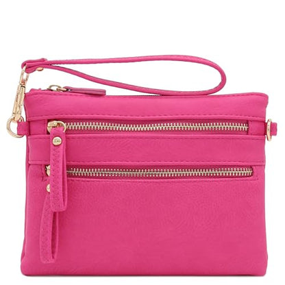 Multi Zipper Pocket Small Wristlet Crossbody Bag - color: Fuchsia