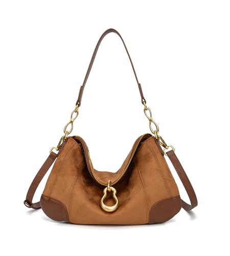 KingTo Small Hobo Shoulder Bag for Women, Retro Metal Pendant Satchel Purse - color: A-brown