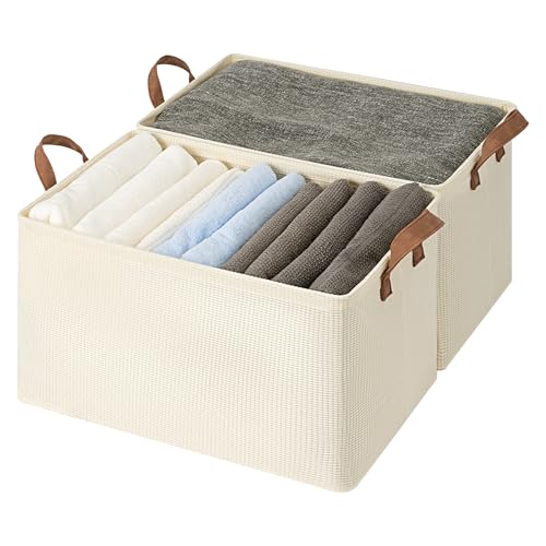 StorageWorks 45L Closet Storage Bins, Storage Baskets, Beige, 2-Pack | Extra Large, With Reinforced PU Handles, Metal Frame, Collapsible, for Shelves, Closet, Holds Clothes, Towels, Blankets - color: Beige（Texture）, size: 19" L x 13 ¼" W x 11" H