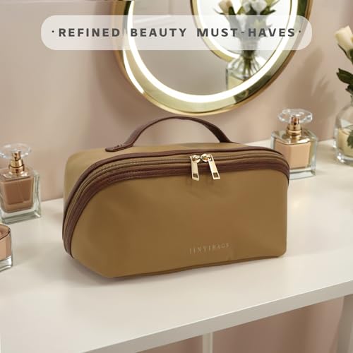 Travel Makeup Bag – Large Cosmetic Organizer with Waterproof Nylon, Smooth Double Zipper & Tear-Resistant Lining, Toiletry Pouch for Women (Khaki) - color: 05-Khaki