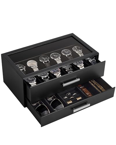 ProCase 12-Slot Watch Case for Men, 2-Tier Pull-Out Drawers Box -Black | Fathers Day Gift for Dad Men with Display Clear Top Lid, Jewelry Sunglasses Storage Organizer, Anniversary Birthday Gifts - color: Black, size: 12-Slot