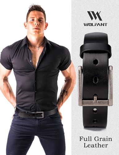 WOLFANT Thicken Top Full Grain Mens Leather Belt,1.5" Italian Solid Leather - color: Black, size: Waist 49"-50"
