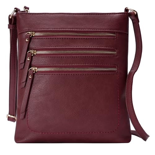 Crossbody Bag Functional Multi Pocket Messenger Purse Top Zip Closure Shoulder Handbag With Adjustable Strap - color: Burgundy