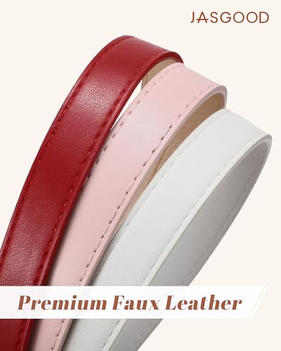 JASGOOD Women Skinny Belt for Jeans Dresses Fashion Thin Waist Belt with Oval Pin Buckle 0.7" Width - color: Pink, size: Fit waist size 32''-36''