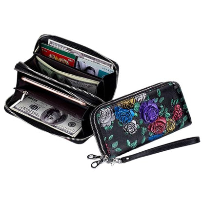 Wallets for Women Wristlet RFID Blocking Genuine Leather Double Zipper Credit Card Holder Large Ladies Clutch Purse - color: X1-golden Rose