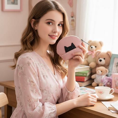 Cute Cat Small Coin Purse for Women - Credit Card Holder with Zipper Fashion Leather Compact Wallet Change Purse for Cash Key (Pink)