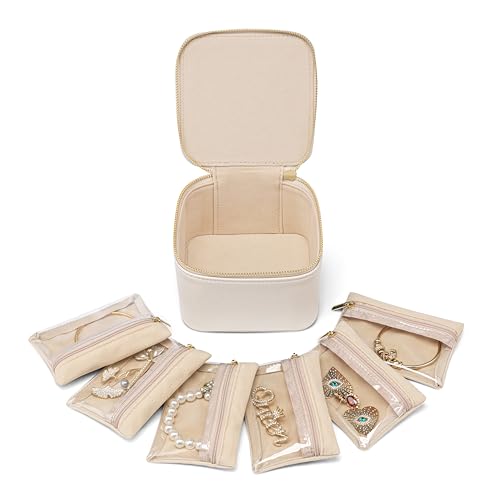 VLANDO Jewelry Travel Case with 6 Clear Velvet Zipper Pouches,White | Travel Essentials,Transparent Bags,Rings,Necklaces Storage,Carry-On Packing Women,Girl,Birthday,Wedding Gift - color: B.6PCS White
