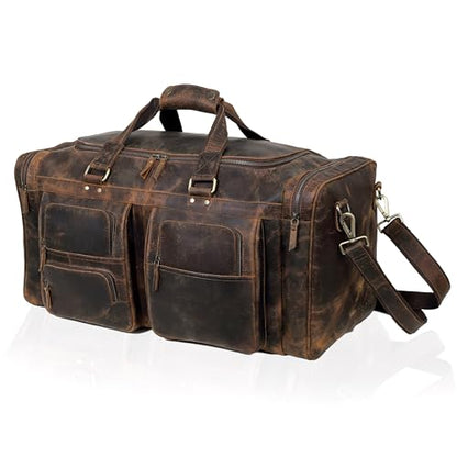 Large 24 inch duffel bags for men holdall leather travel Duffel bag overnight gym sports weekend Duffle bag (Dark Brown, 24" Large)