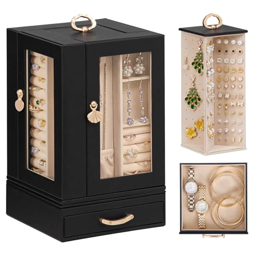 Luxury Jewelry Box for Women: 360° Rotating with Clear Window | Compact Jewelry Storage with Drawer - Necklace Ring Organizer with Compartments - Elegant Earring Holder Display Great Gift - color: Black
