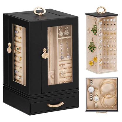 Luxury Jewelry Box for Women: 360° Rotating with Clear Window | Compact Jewelry Storage with Drawer - Necklace Ring Organizer with Compartments - Elegant Earring Holder Display Great Gift - color: Black