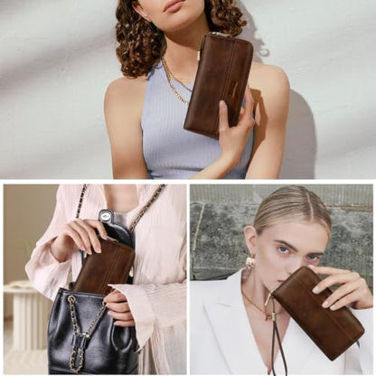 Real Leather Wristlet Wallet Women With RFID Blocking(darkcoffee) | Large capacity design,12 credit card slots,1 Inner zipper coin pocket,2 Full-length Receipt Slots,2 cash compartments - color: a9-darkcoffee