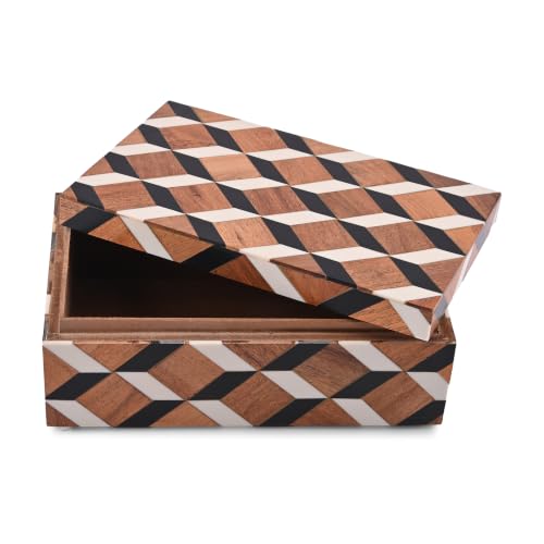 Perilla Home Decorative Wooden Storage Box – Small Organizer for Jewelry, Crafts, Cards & Keepsakes – Clover Design MDF & Resin (Bianco) – Dark Brown & Off White – Gift for Men & Women - color: Dark brown & off white