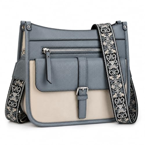Crossbody Bags for Women,6 Pockets Vagan Leather Shoulder Bag for Daily Use | Boho Guitar Strap, Shoulder Bag, Travel Use - color: Blue and Beige