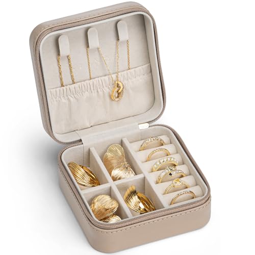 VLANDO Travel Jewelry Case, Compact Design, Necklace Hook, Anti-Tangle | Removable Dividers, Waterproof PU Leather, Scratch-Resistant Lining, Portable Storage for Rings, Earrings, Necklace，Bracelet - color: G.Toffee