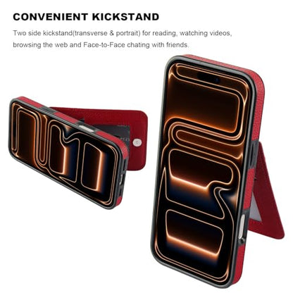 KIHUWEY for iPhone 17 Pro Max Wallet Case Card Holder Kickstand, Lichee Red | Credit Card Slots, PU Leather, Magnetic Clasp, Flip Heavy Duty Protection Cover for Men - color: Lichee Red