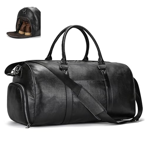 Genuine Leather Travel Bag Large Capacity Waterproof Luggage Duffel Bag with Shoe Compartment, Shoulder Handbag for Men Women Holiday Business Trip