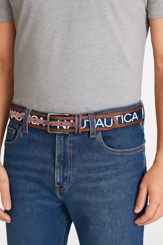 Nautica Men's Signature Leather and Canvas Belt | Ribbon Detail | Flag Design | Classic | Casual | Metal Buckle - color: Signature Logo - Navy, size: 42"