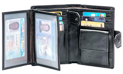 POKOFO Large RFID Genuine Leather Card Holder Trifold Wallet Snap Closure 3 ID Windows for men - color: Black Large