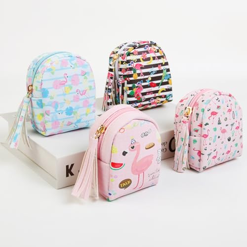 AIBFRID 4Pcs Mini Backpack Keychain,Cute Cosmetic Bag for Women,PU Leather Makeup Bag Key Pocket Lipstick Bag Card Holder Data Cable Organizer Zipper Pouch (Flamingo gifts) - color: Flamingo gifts