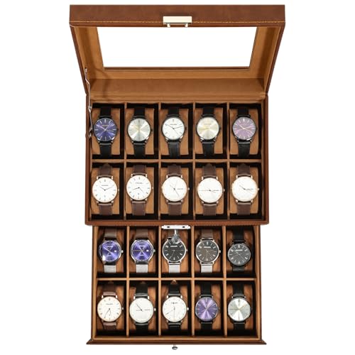 Uten 20-Slot Watch Box, 2-Layers PU Leather Watch Case with Glass Lid, Watch Holder Organizer with Soft Pillow and Velvet Lining, Watch and Jewelry Storage Box - color: Brown