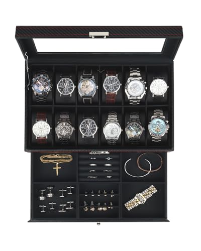 Kukikan Mens Watch Box Jewelry Organizer,12-Slot 2-Layer Watch Case -Black | 2-Layer Lockable Watch Storage for Men, Large Glass Lid, Mens Room Accessories Jewelry Case, Watch Display Holder with Drawer - color: Black, size: 12-slot