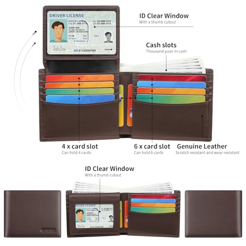 Leather Wallets for Men, Genuine Leather Mens Wallets Bifold Rfid Blocking with 2 ID Windows Bifold Top Flip, Extra Capacity Travel Wallet (Coffee) - color: Coffee