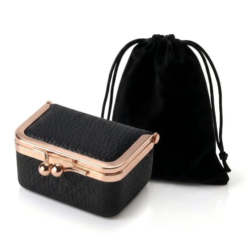 WGO&MJC Genuine Leather Mini Travel Jewelry Box Kiss Lock Closure (Black) | Portable Travel Jewelry Case for Rings & Earrings | Coin Purse | Includes Velvet Pouch | Gift for Women | Fits in Purse - color: Black