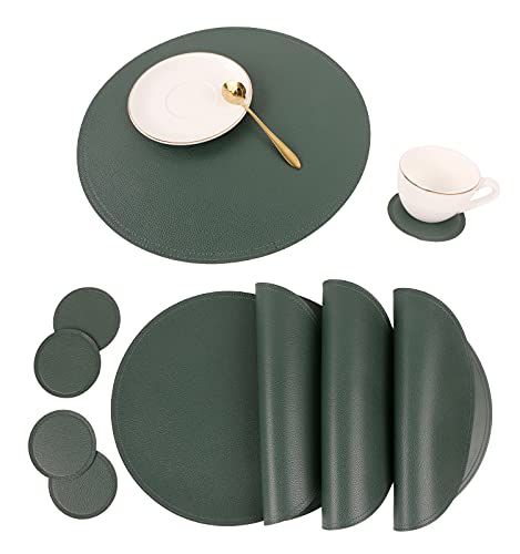 Jovono Faux Leather Round Placemats and Coasters, Wipeable Table Mats, Easy to Clean, Double Stitched for Kitchen Dining Table, Party, Restaurant, Diameter 13'' and 3.9'', Green - color: A Green, size: Set of 4