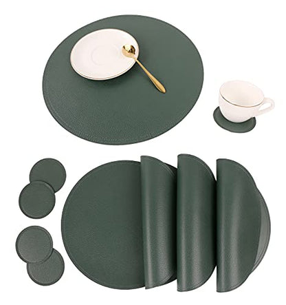 Jovono Faux Leather Round Placemats and Coasters, Wipeable Table Mats, Easy to Clean, Double Stitched for Kitchen Dining Table, Party, Restaurant, Diameter 13'' and 3.9'', Green - color: A Green, size: Set of 4
