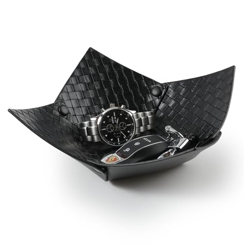 KINIVA 2 Pack PU Leather Jewelry Valet Tray for Men Women,Small Key Bowl for Entryway Table,Portable Travel Catchall Dice Tray (Bowl-Black-2pcs) - style: Bowl-Black-2pcs