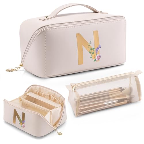 VLANDO Personalized Makeup Bag,Gifts for Women, Letter N,Off White - color: 14.White-N