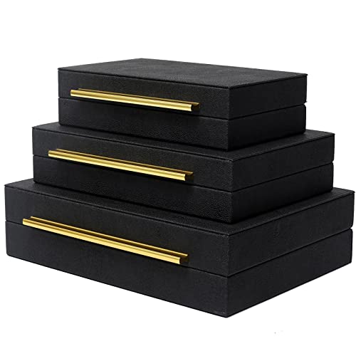 Faux Shagreen Decorative Stackable Jewelry Storage Boxes Set of 3,Black | Jewelry Organizers with Gold Metal Handles & Velvet Lining, Modern Black Box for Vanity, Entryway & Coffee Table Décor - color: Black, size: L