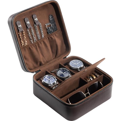 ProCase Travel Watch Case, 3 Slots Mens Jewelry Box -Brown | PU Leather Storage Case for Watches, Cufflinks and Accessories, Zippered Carrying Organizer Bag for Man - color: Brown, size: 3-Slot