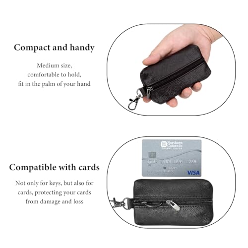 Genuine Leather Key Case, Unisex Car Key Holder Wallet with Key Ring, Universal Zippered Key Pouch Keychain (Black) - color: Black
