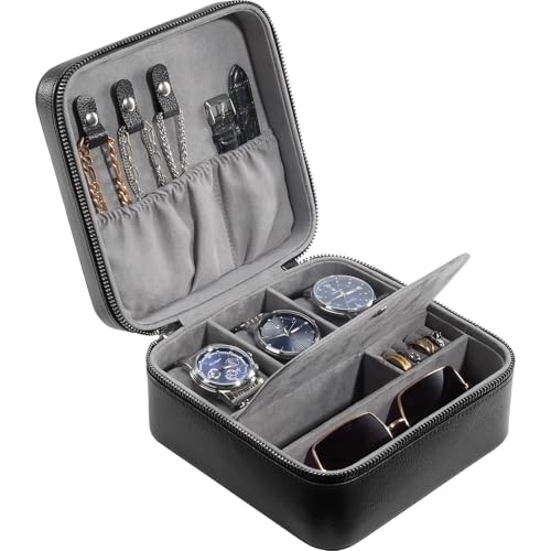 ProCase Travel Watch Case, 3 Slots Mens Jewelry Box -Black | PU Leather Storage Case for Watches, Cufflinks and Accessories, Zippered Carrying Organizer Bag for Man - color: Black, size: 3-Slot