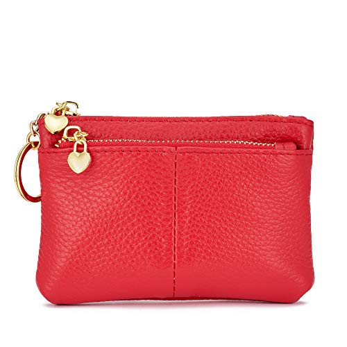 ZOOEASS Women Genuine Leather Zip Mini Coin Purse With Key Ring Triple Zipper Card Holder Wallet - color: Red